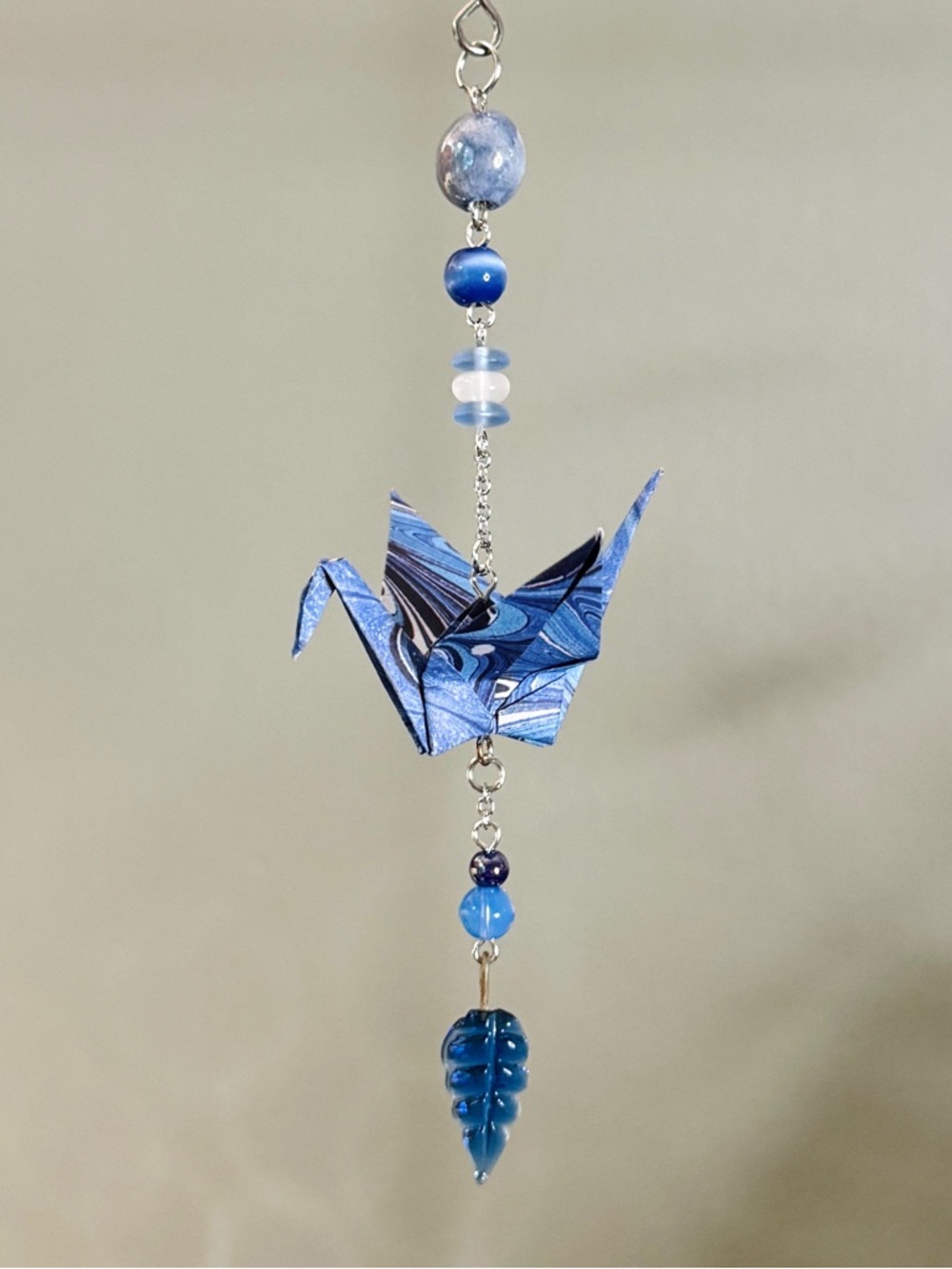 Origami Ornament #2514 - Small Crane with Glass Leaf Charm